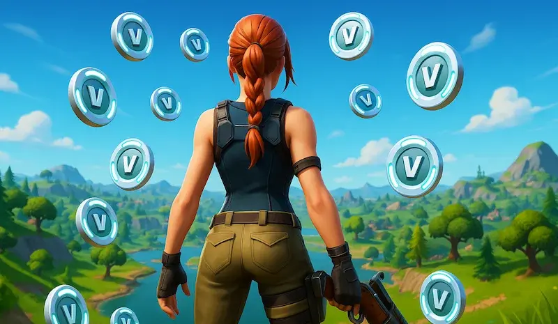 Fortnite character standing with shotgun, surrounded by floating Free V-Bucks coins, overlooking vibrant Fortnite Battle Royale map landscape.