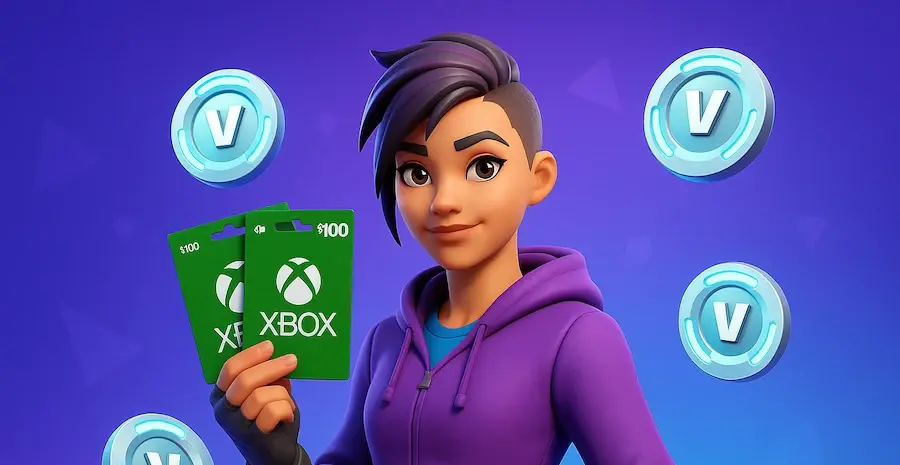 Fortnite character standing with shotgun, surrounded by floating Free V-Bucks coins, overlooking vibrant Fortnite Battle Royale map landscape.